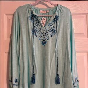 QVC Light Blue Tunic with Navy Embroidery